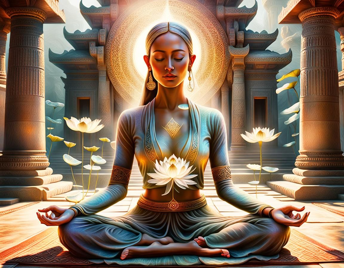 Meditating Woman in Ancient Temple: Realistic Digital Art