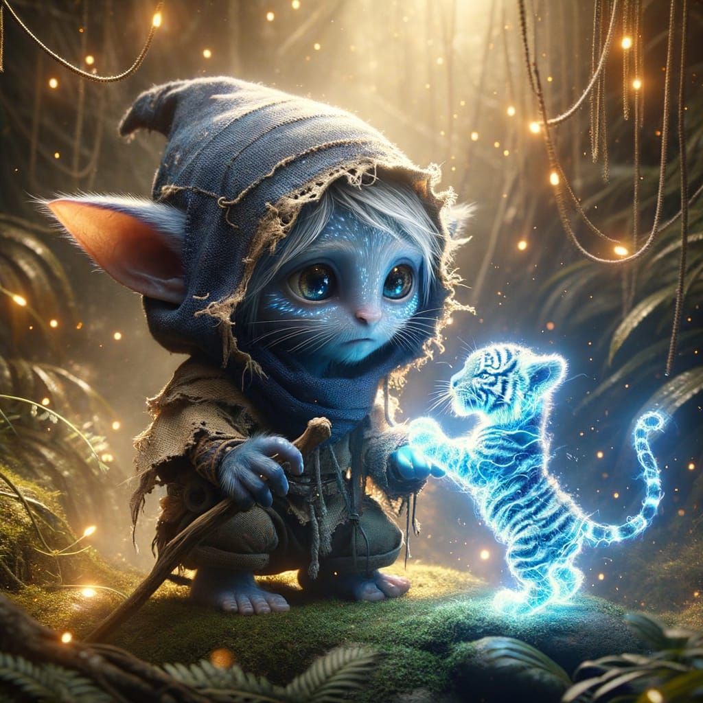 Enchanting Goblin Befriends Energy Tiger in Ethereal Forest