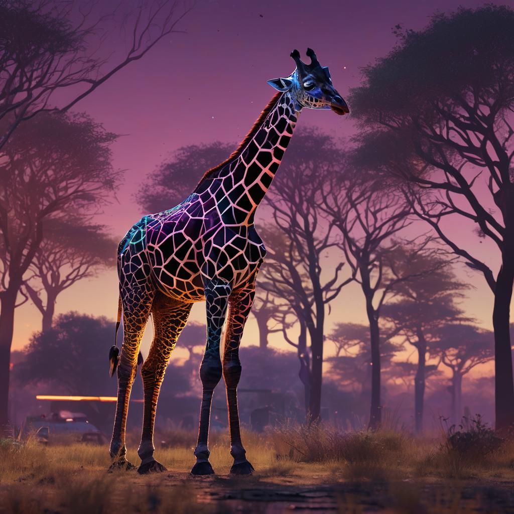 Futuristic Neon Giraffe in a Cyberpunk Savanna