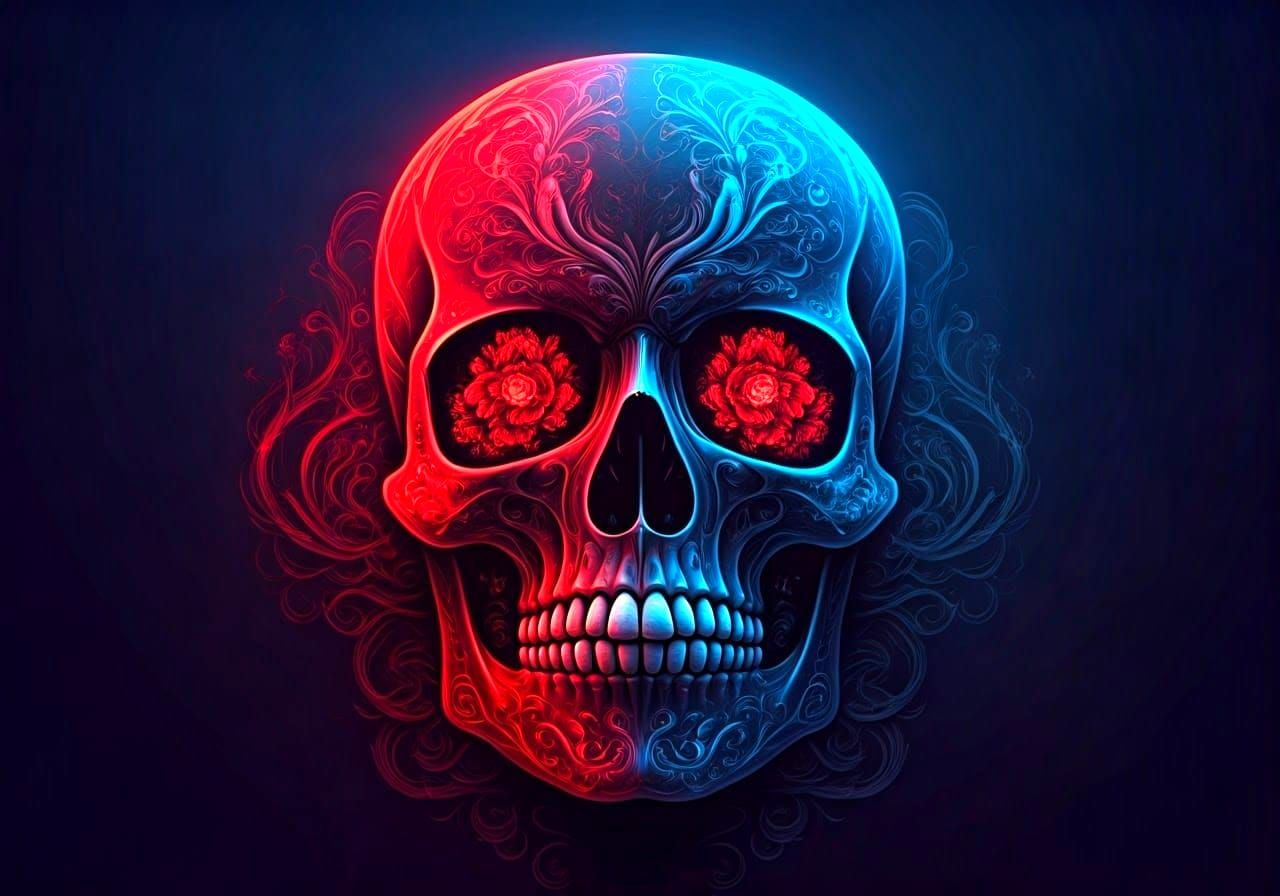 Vibrant Neon Skull in Deep Blues and Bright Reds