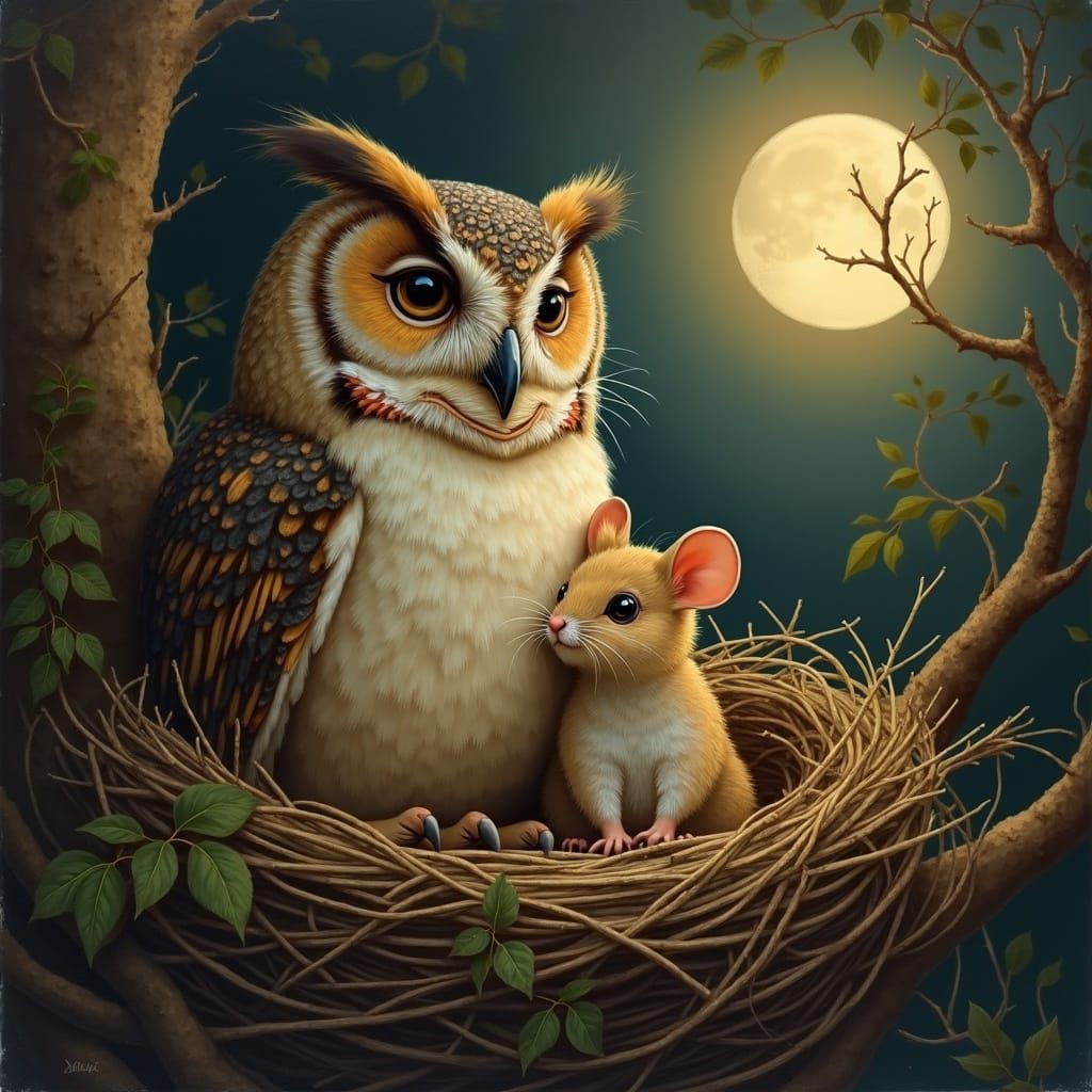Wise Owl and Mouse in Moonlit Nest Oil Painting