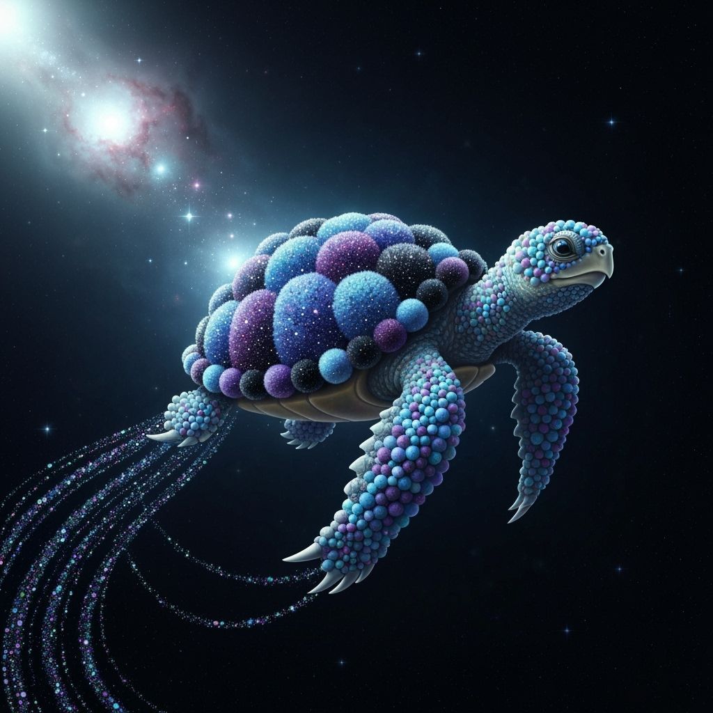 Cosmic Pom Pom Turtle in Starry Void