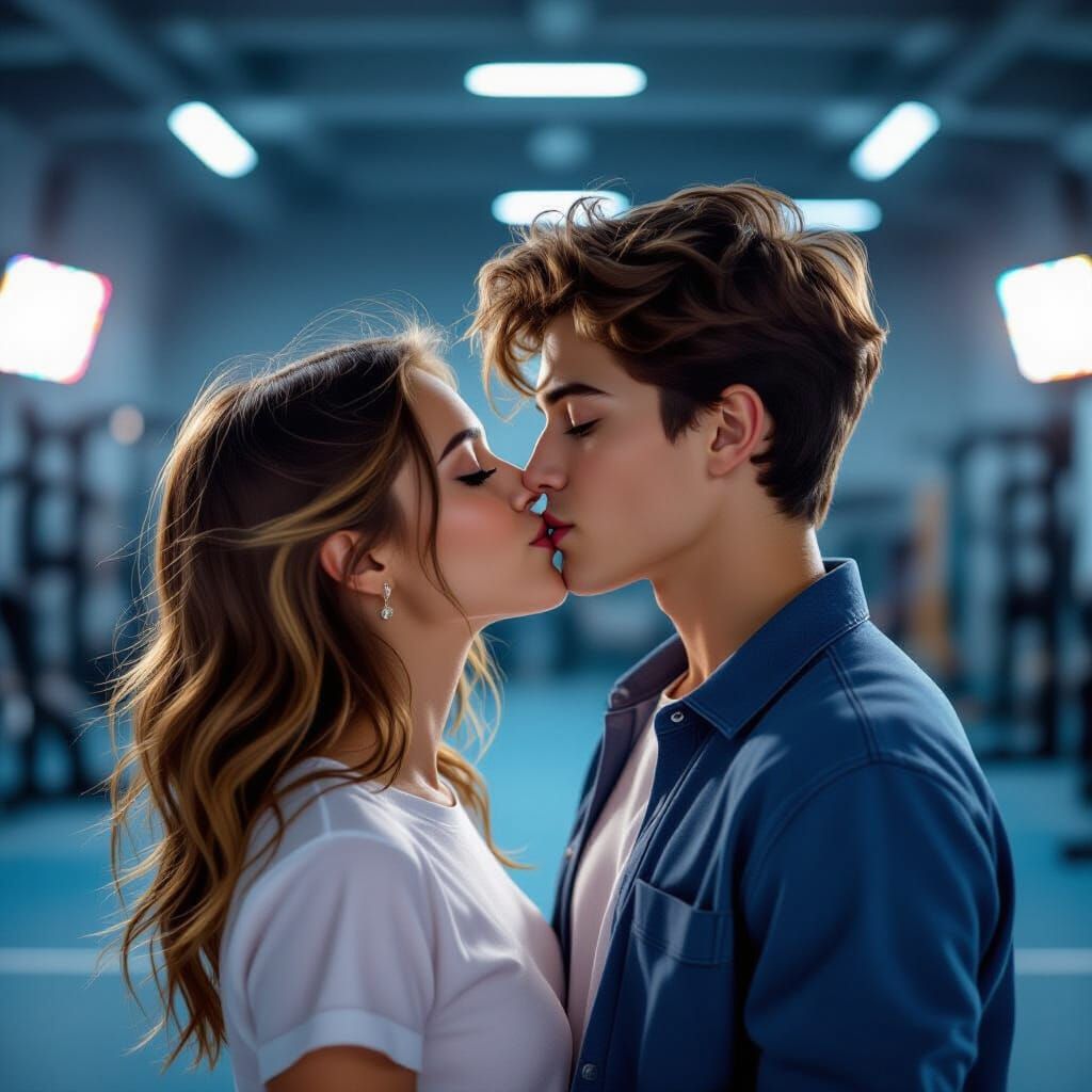 Couple Kissing in Dynamic Gym Lighting