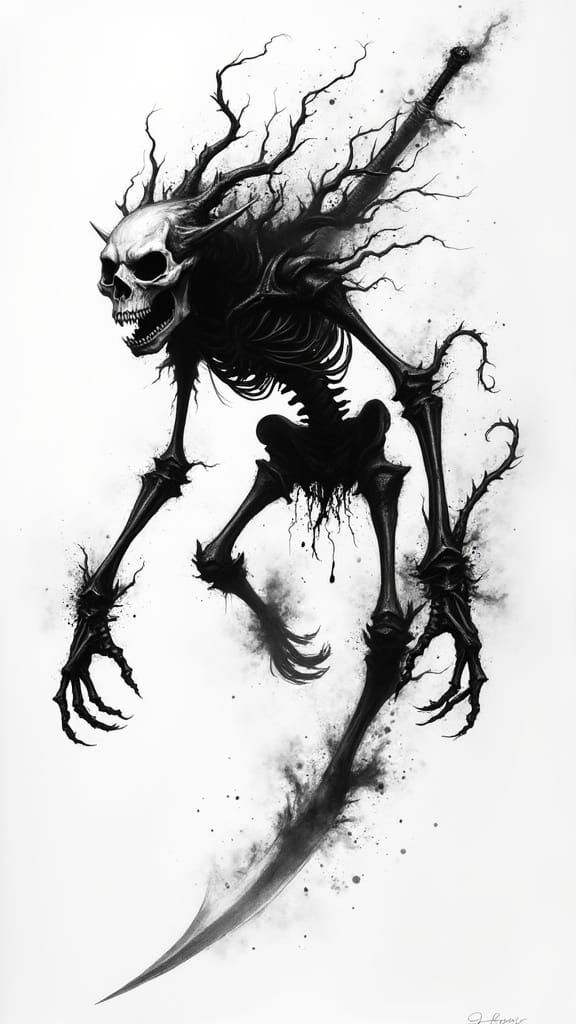 Skeletal Demon Warrior: Ink Wash Illustration