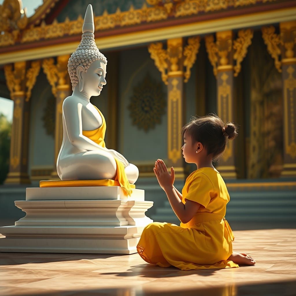 Girl Praying to Buddha in Thai Temple
