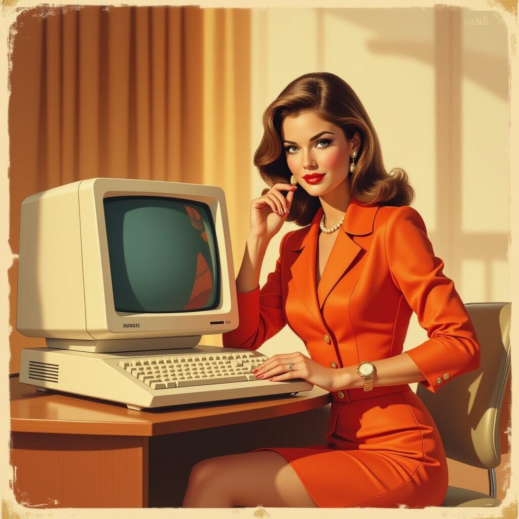 1970s Fashion Ad: Model Poses With Vintage Home Computer