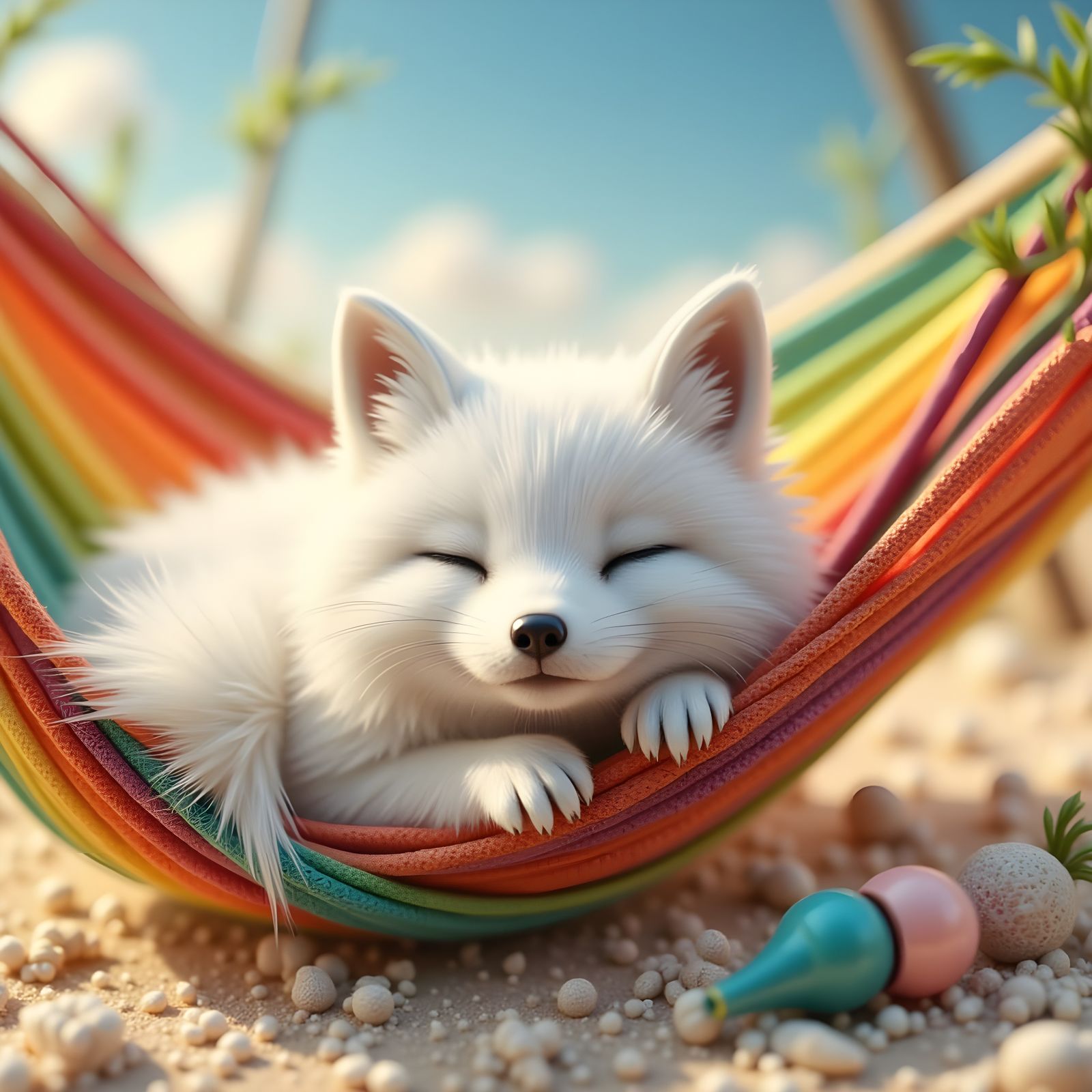 Arctic Fox Asleep in Hammock, Pixar Style