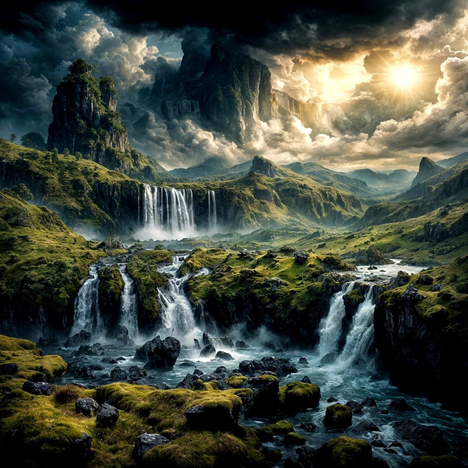 Epic Stormy Highland Landscape with Cascading Waterfalls