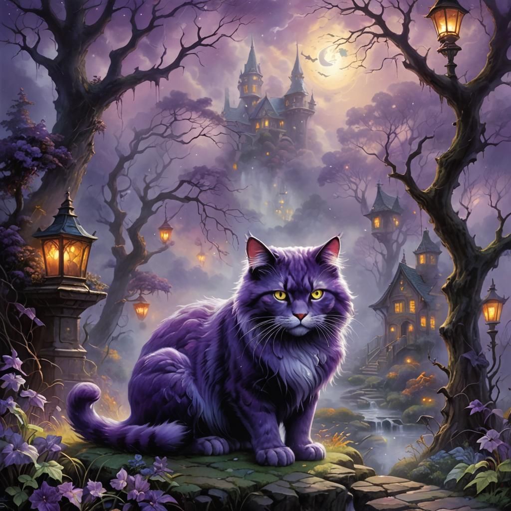 Ethereal Purple Cat in a Thomas Kinkade Style