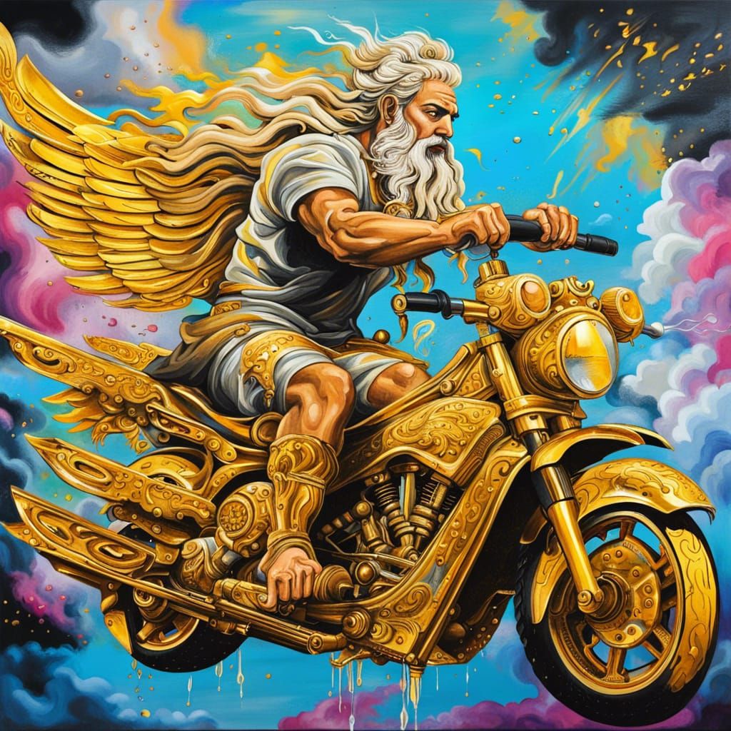 Zeus Rides Golden Motorcycle: Graffiti Art in Sky