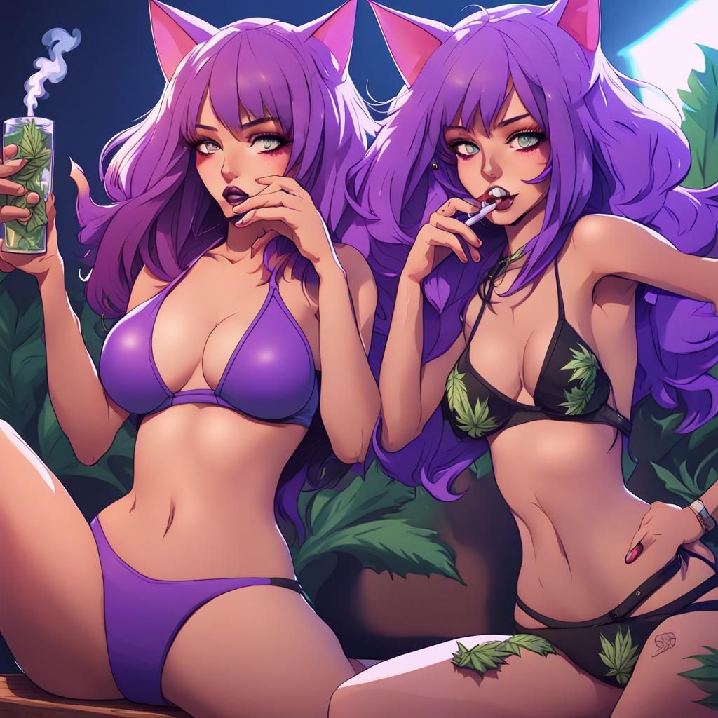 Purple-Haired Catgirls Smoking in Cartoon Style