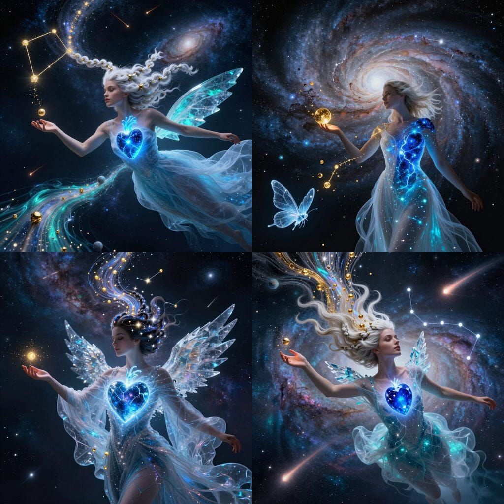 Cosmic Woman with Star-Cloud Hair and Sapphire Heart