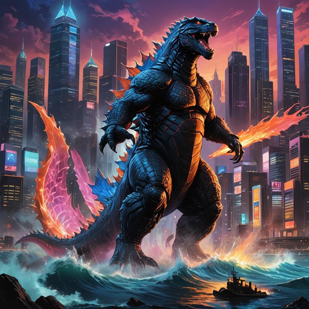 Godzilla Rises: Neon Cityscape in Sci-Fi Style