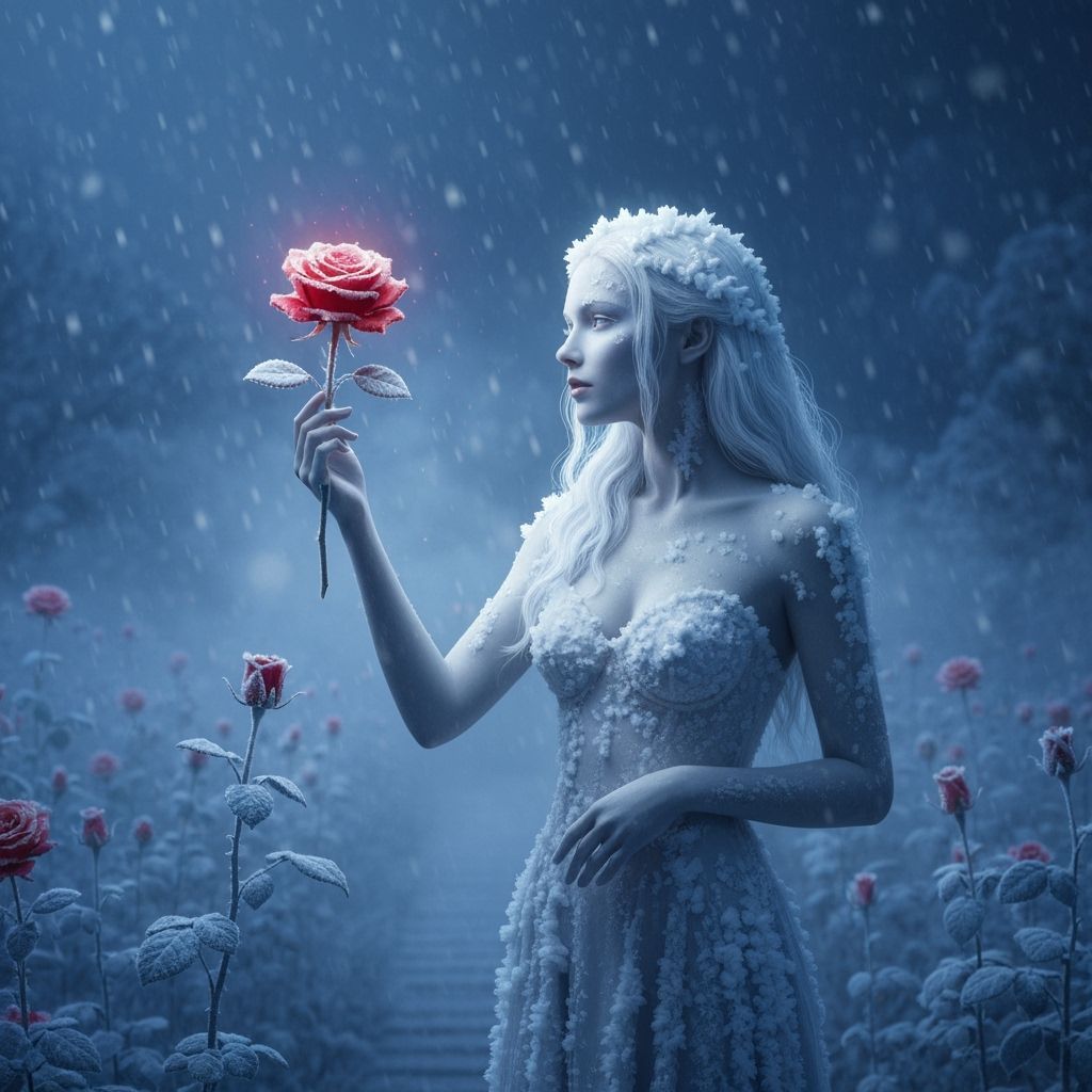 Frozen Woman With Vibrant Rose in Ethereal Garden