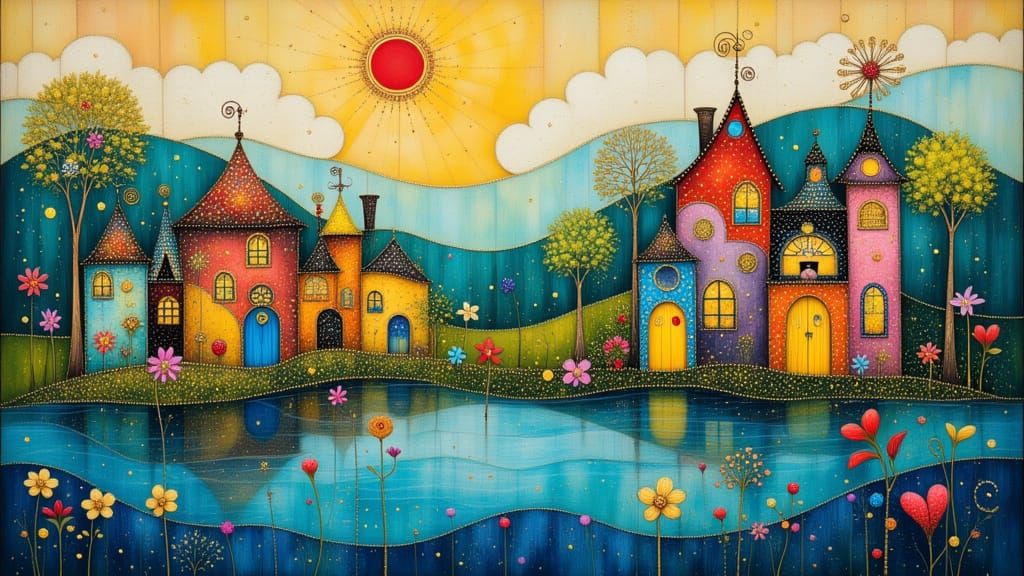 Colorful Houses by Lake in Hundertwasser Style