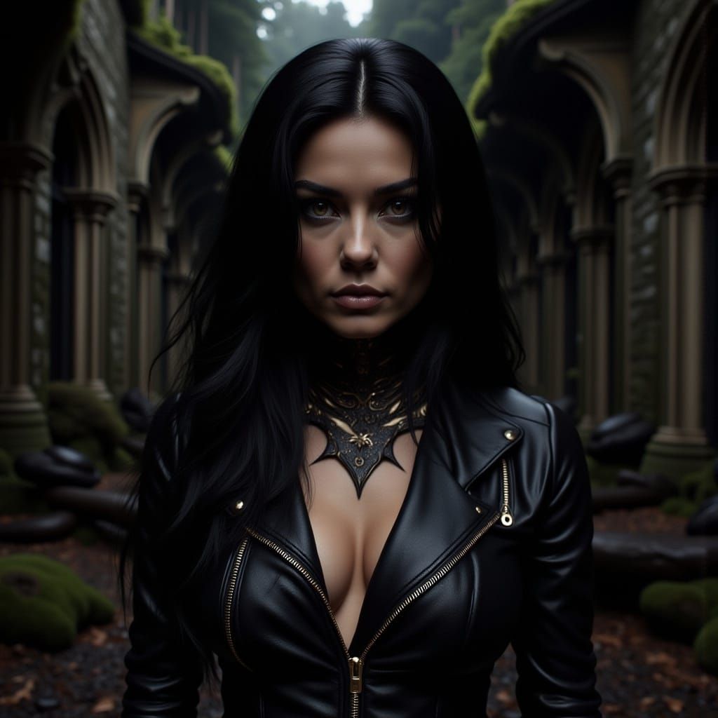 Gothic Noir: Woman in Leather Jacket, Chiaroscuro Lighting