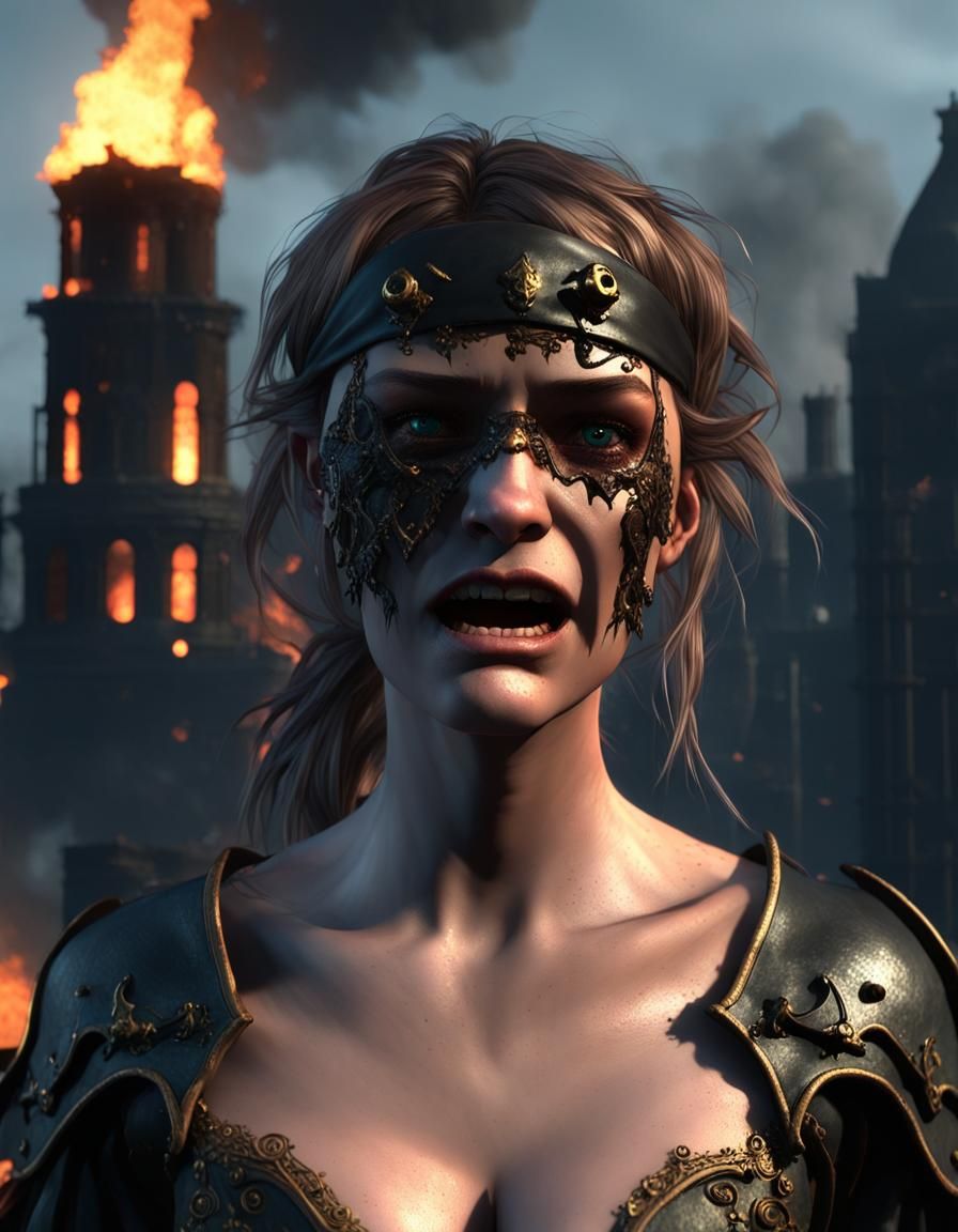 Pirate Heroine Crying Before Burning City: 3D Cinematic