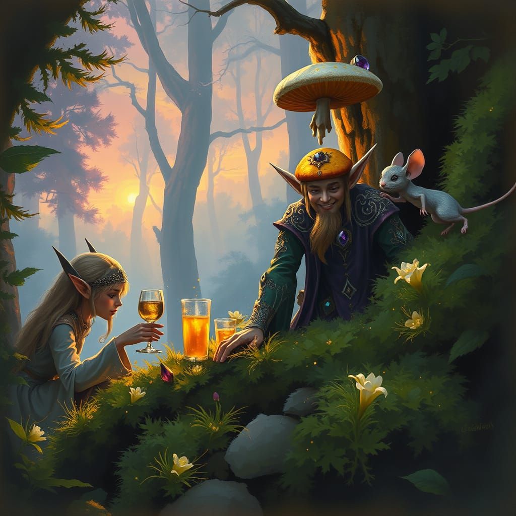 Elves Drinking Game in Enchanted Forest, Dreamy Impressionis...