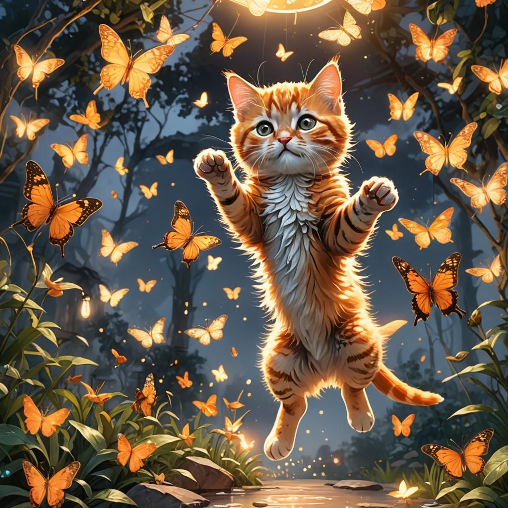 Orange Kitten's Watercolor Butterfly Leap at Dawn