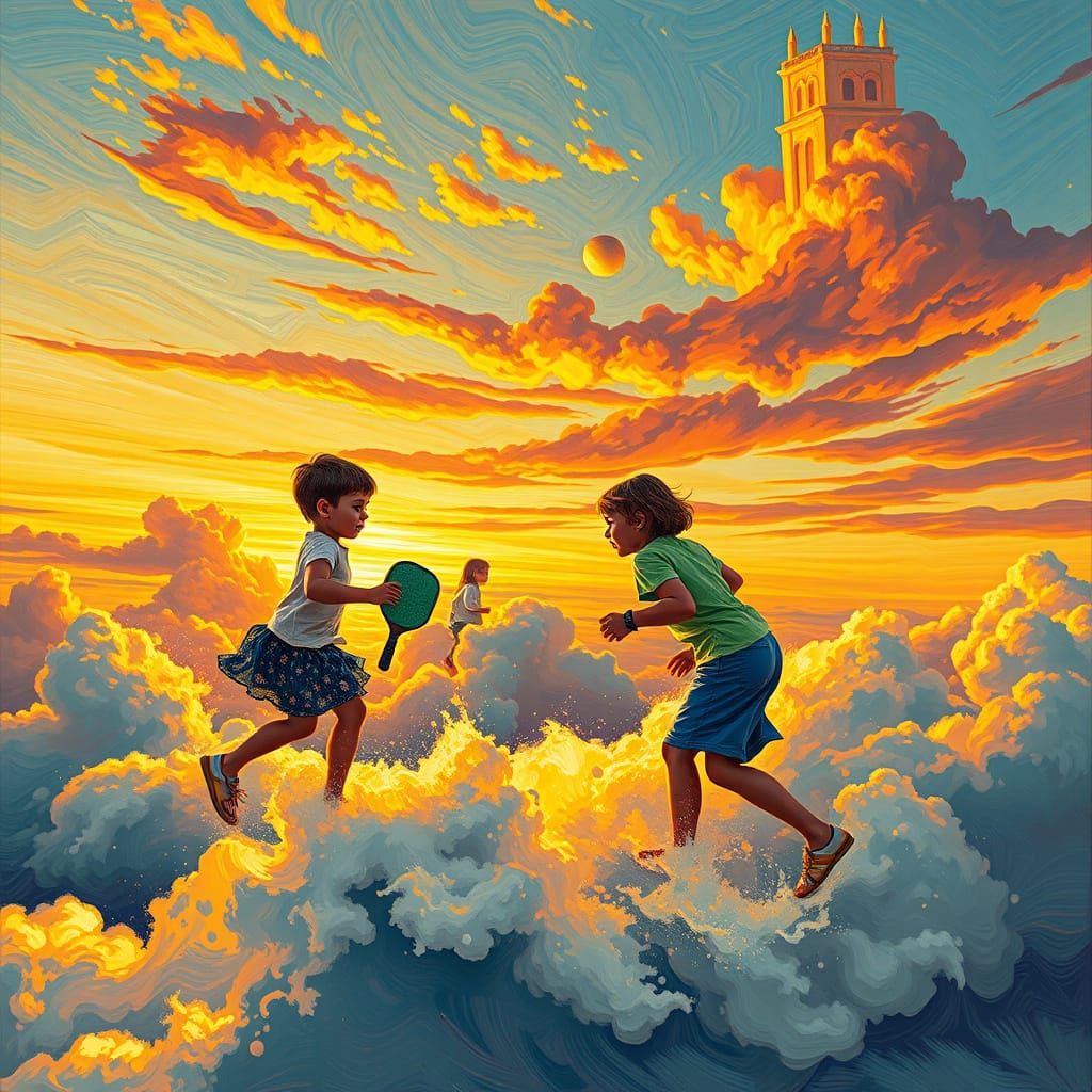 Mother and Child Play Pickleball on a Cloudy Heaven