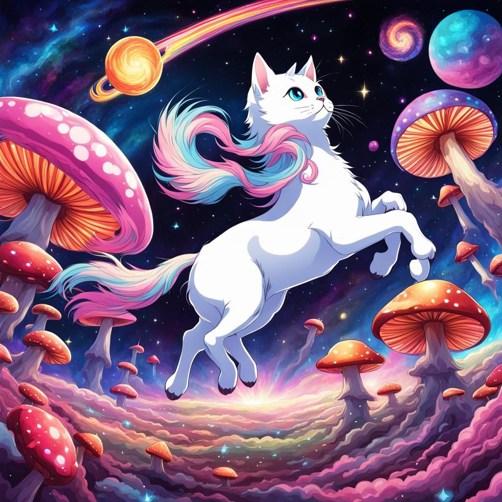 Kitten Rides Unicorn Through Space: Anime Style