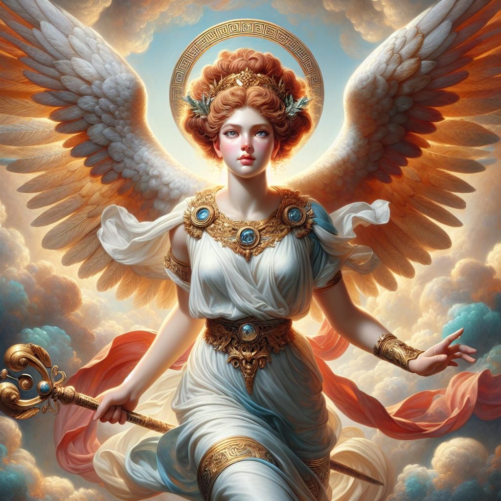 Winged Greek Goddess with Caduceus in Digital Art