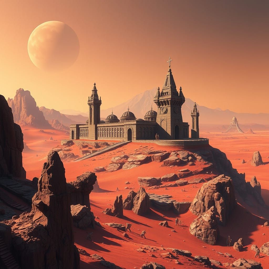 Ancient Martian Monastery on Crimson Landscape