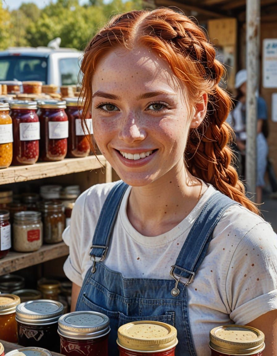 Smiling Woman Selling Jam: Abstract Art Portrait
