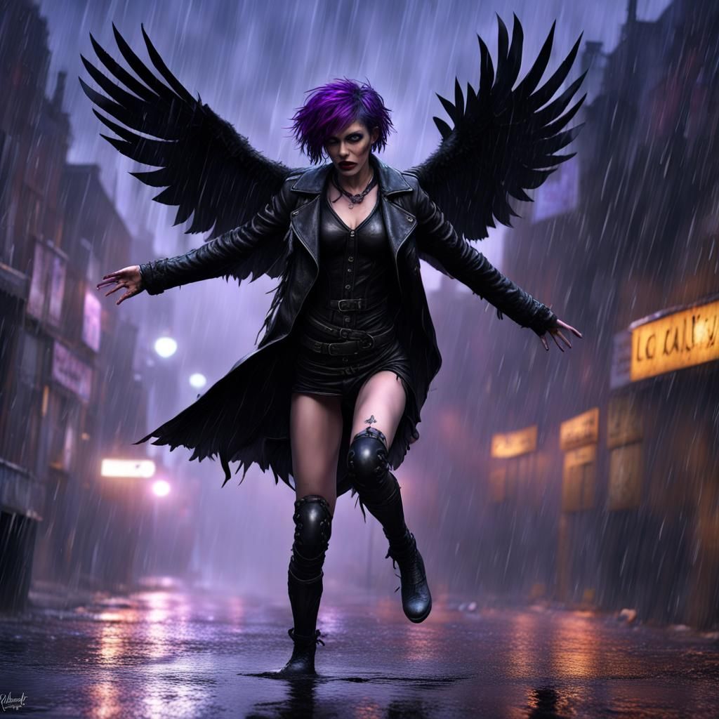 Goth Woman as Crow in Midnight Rain