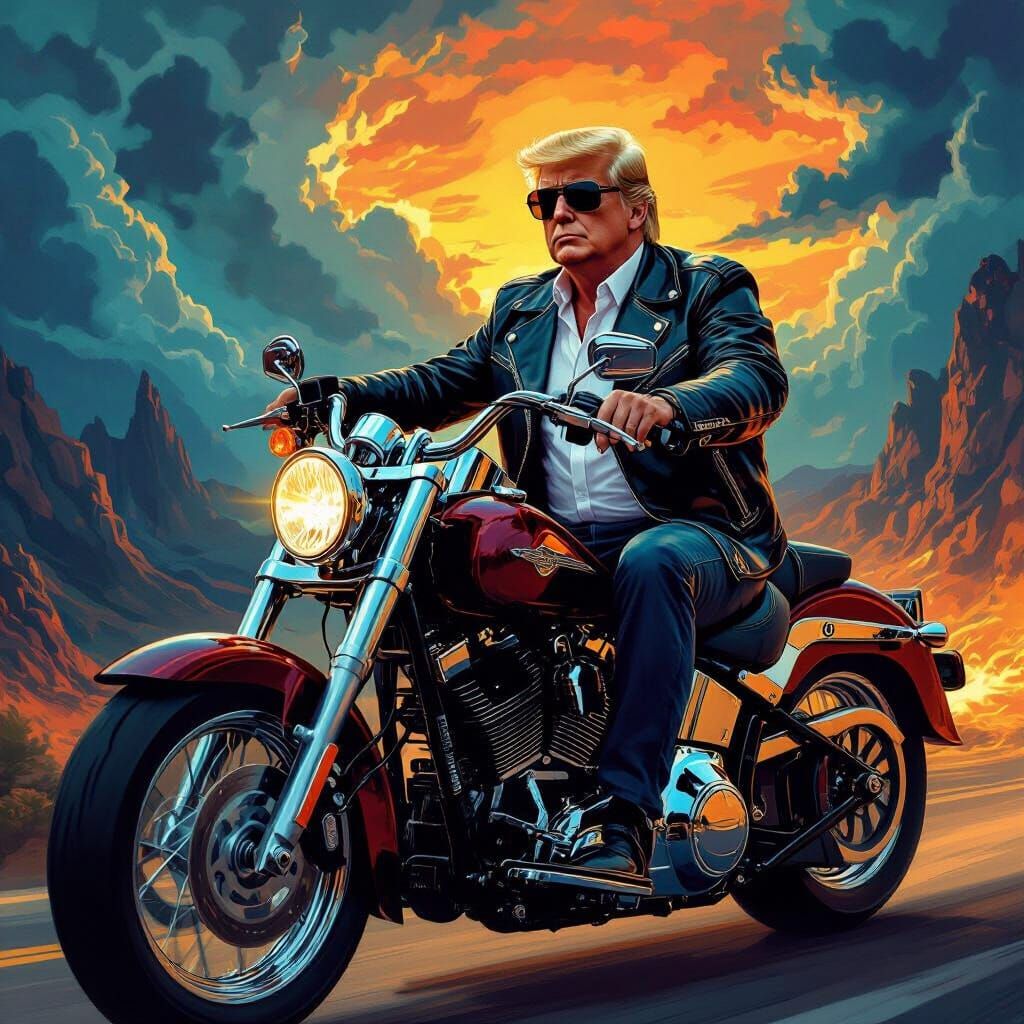 Donald Trump Rides Harley in Matte Painting Style