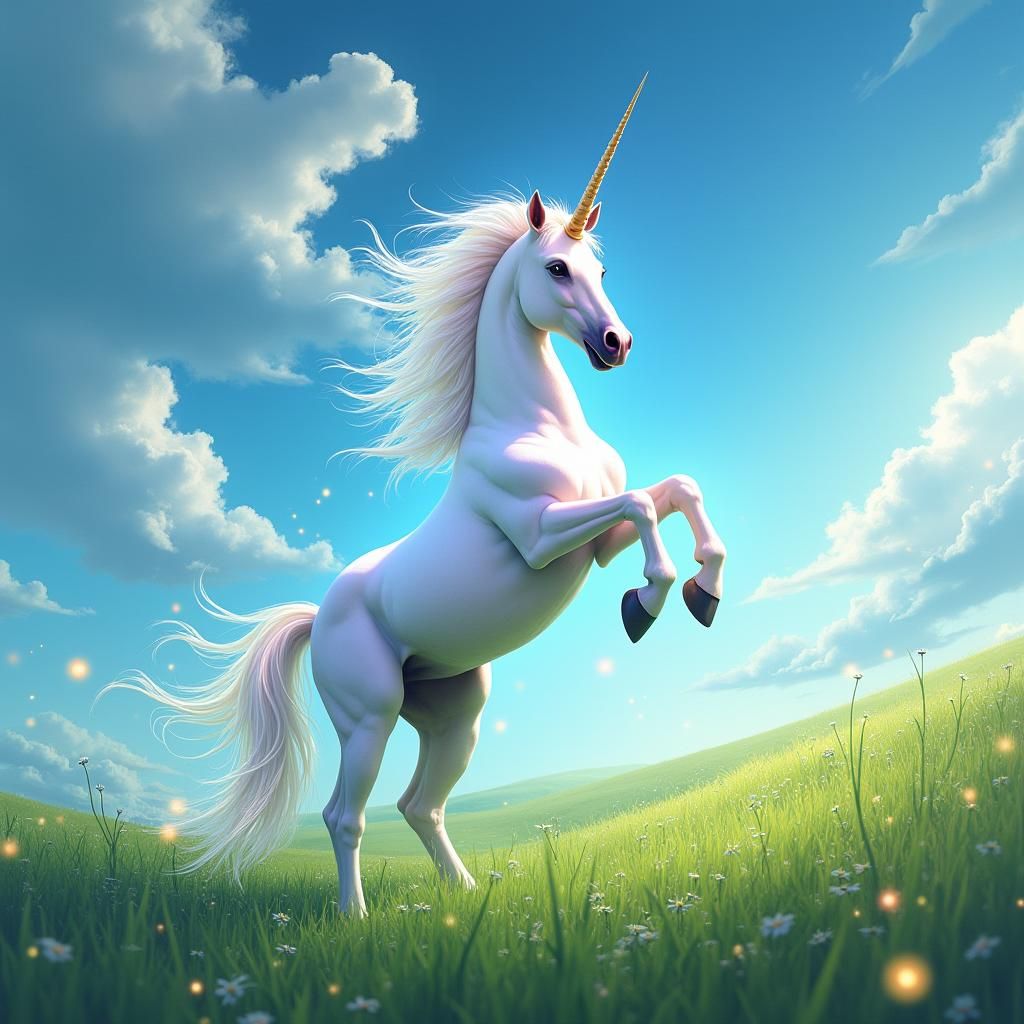 White Unicorn Rearing in Windy Field, Hyper-Photorealistic