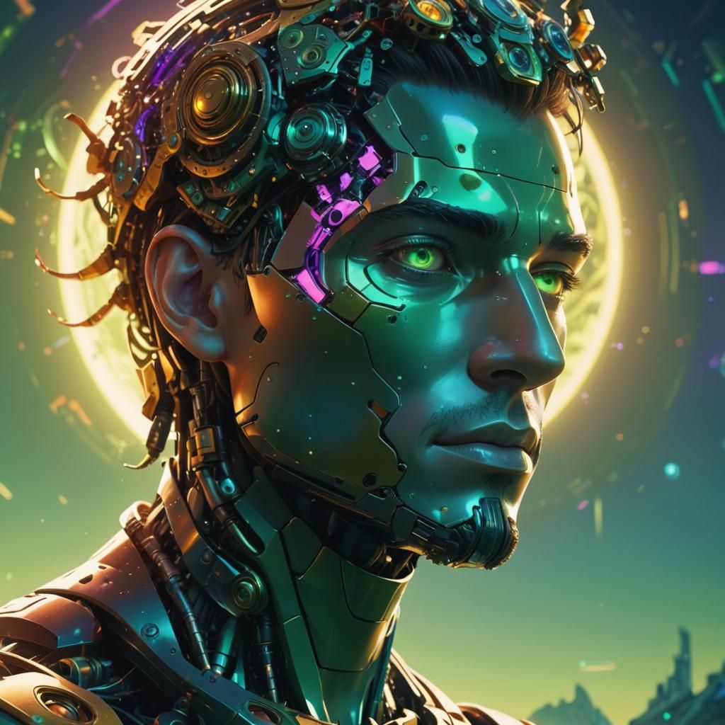 Futuristic Robot in Abstract Fractal Landscape