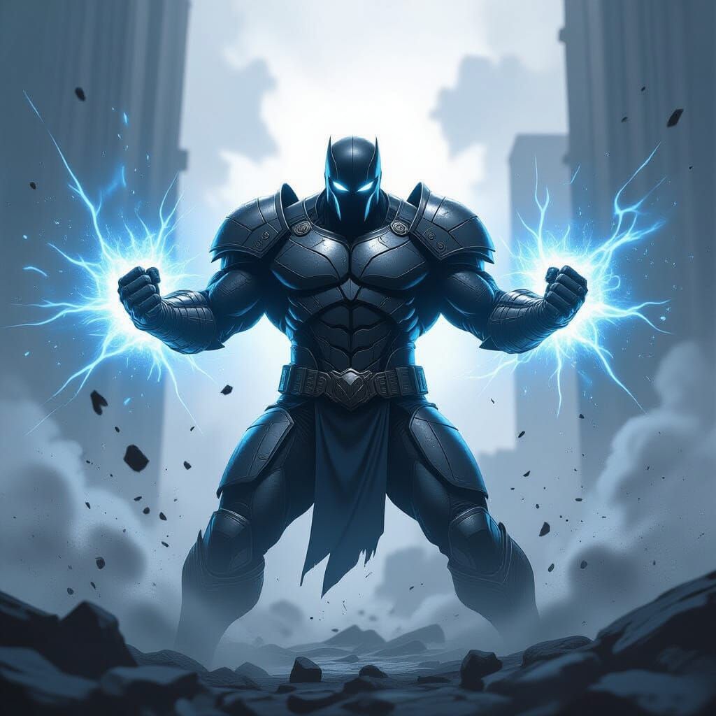 Hero Radiating Blue Kinetic Energy in Comic Book Style