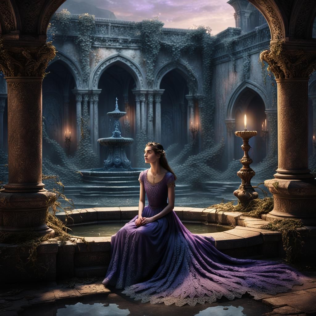 Gothic Princess at Ruined Fountain: Fantasy Art