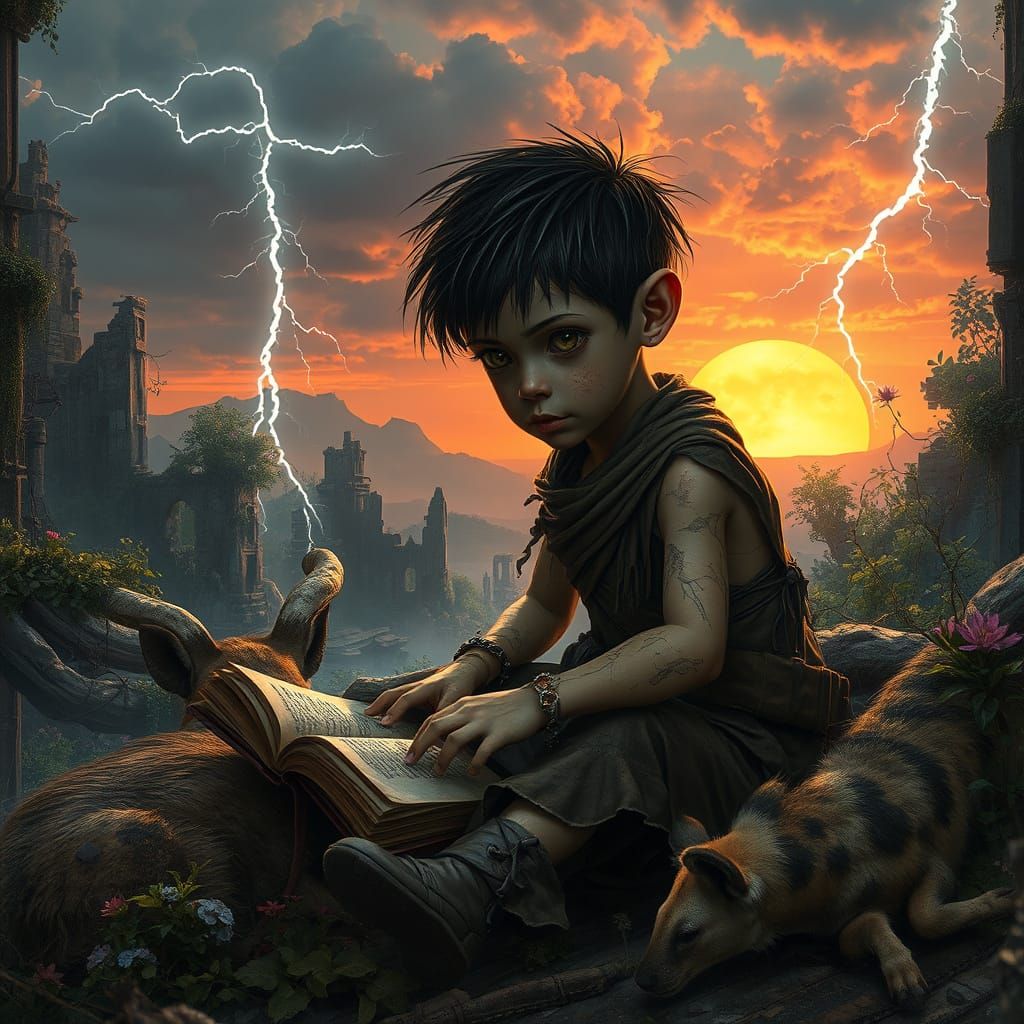 Android Child Discovers Dystopian Ruins Amidst Vibrant Bloom...