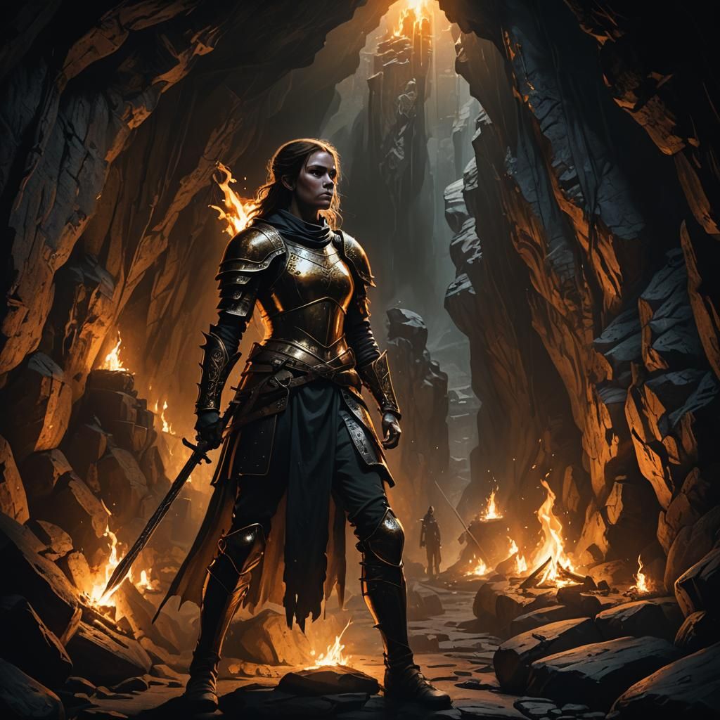 Medieval Girl Warrior in Dark Cave: Fantasy Art