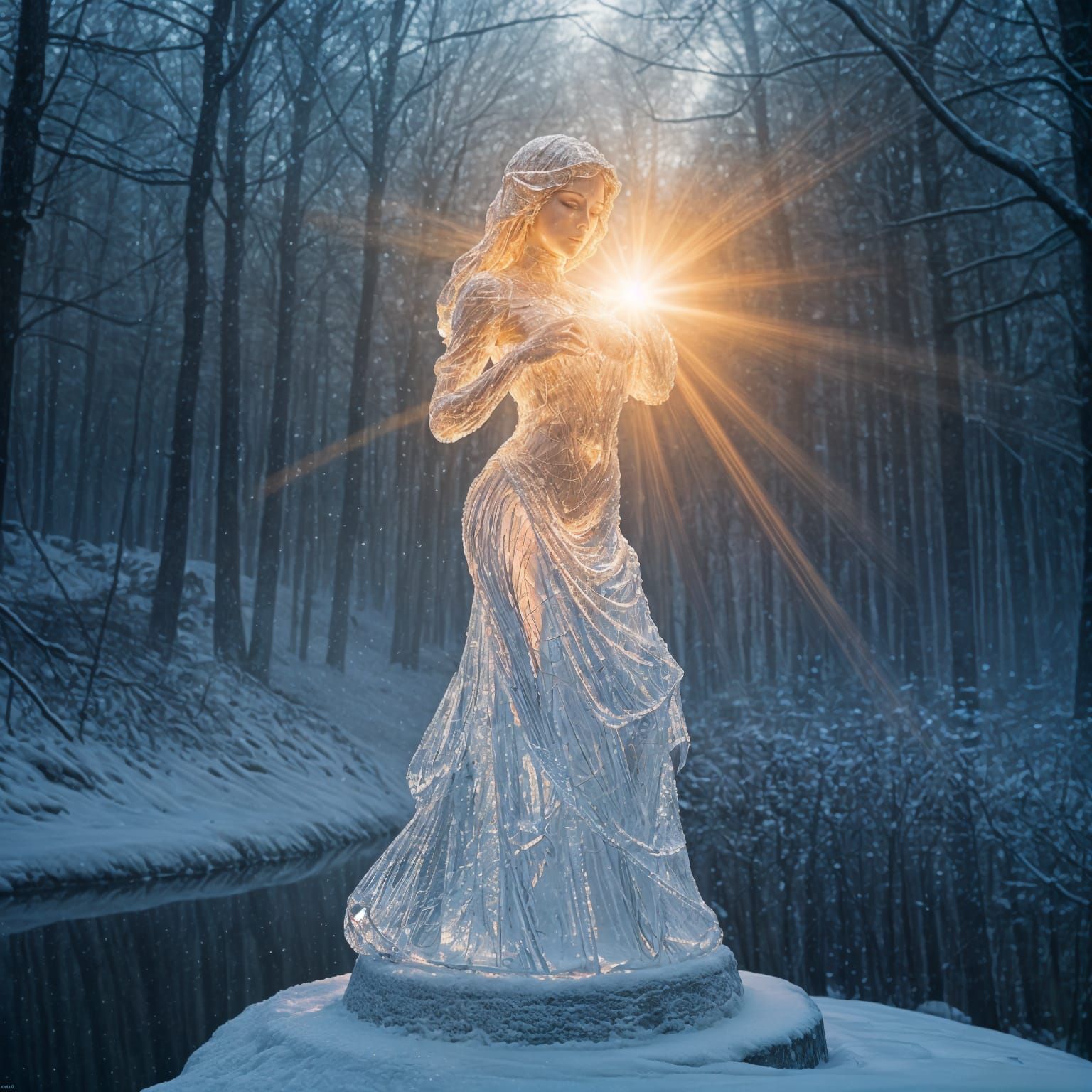 Hyperrealistic Crystal Woman Statue in Forest