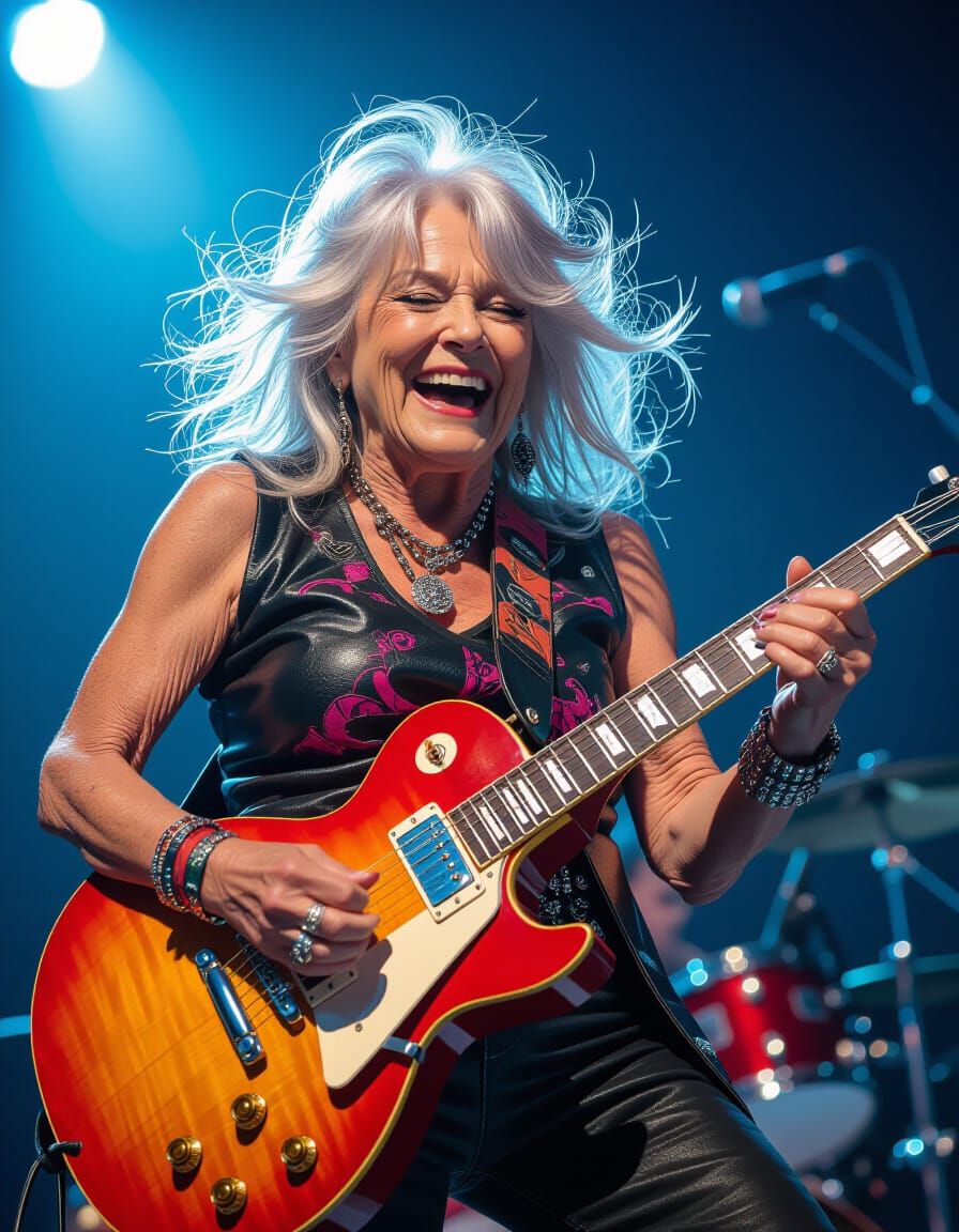 Elderly Woman Shreds Guitar at Rock Concert in Abstract Styl...