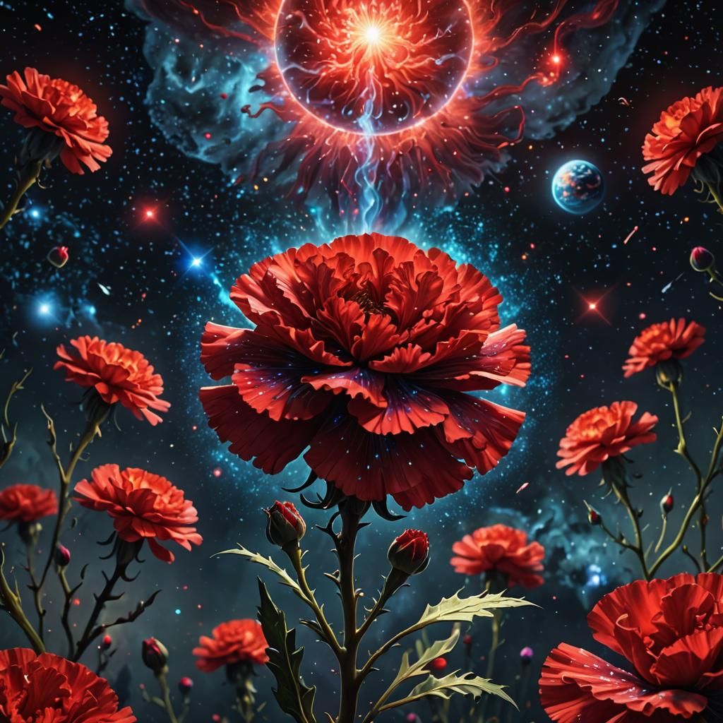 Cosmic Red Carnation in Surreal Astral Illustration