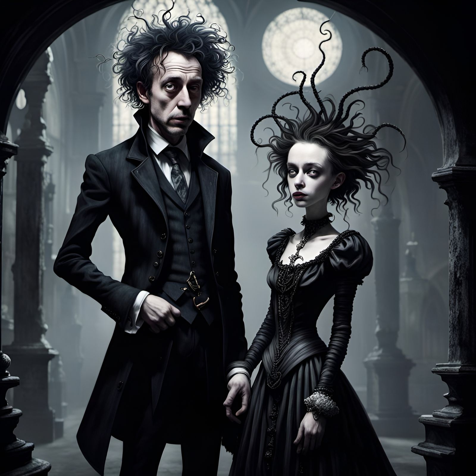 Gothic Dark Academia Character in Tim Burton Style