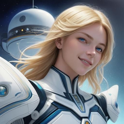 Ummo, blue eyes, female, long hair, smile, muscular, white tight-fitting suit, big flying UFO, hyperrealistic
