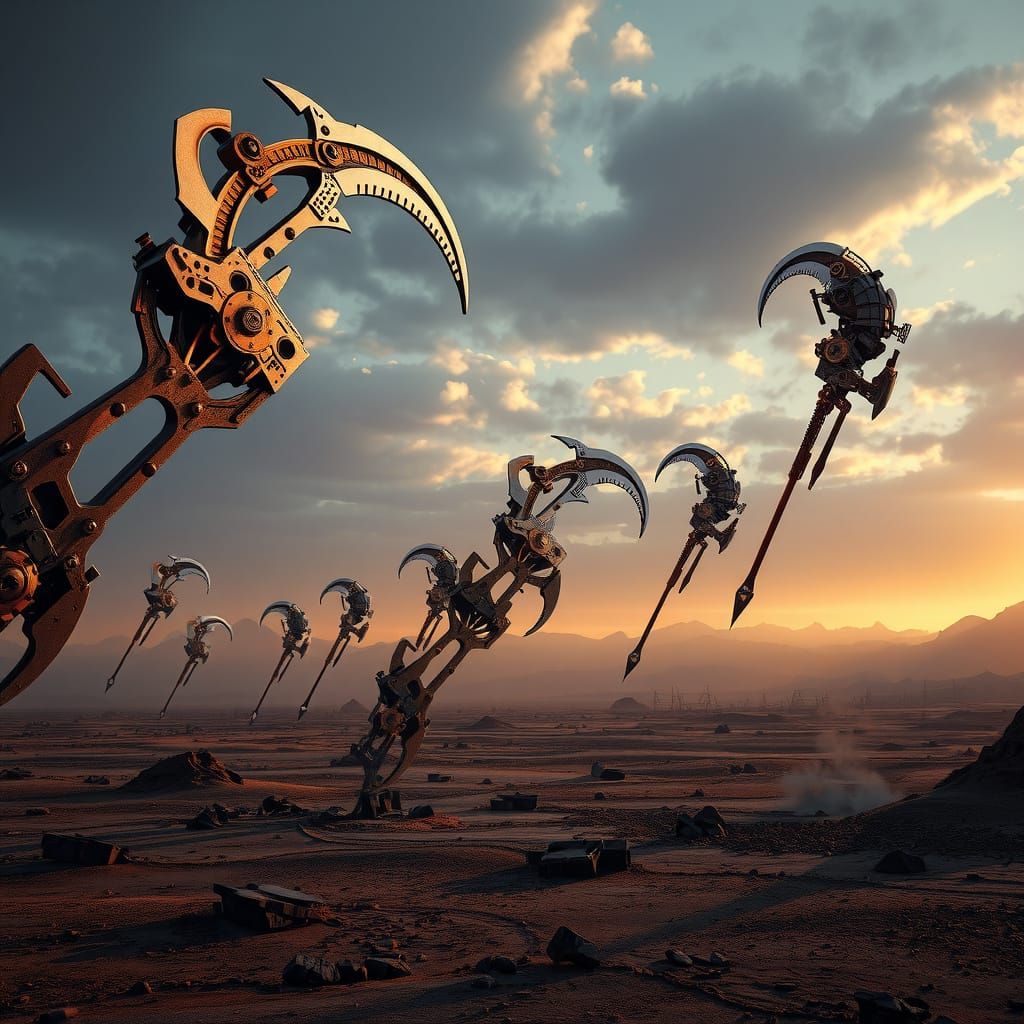 Mechanized Scythes Descend on Desolate Landscape