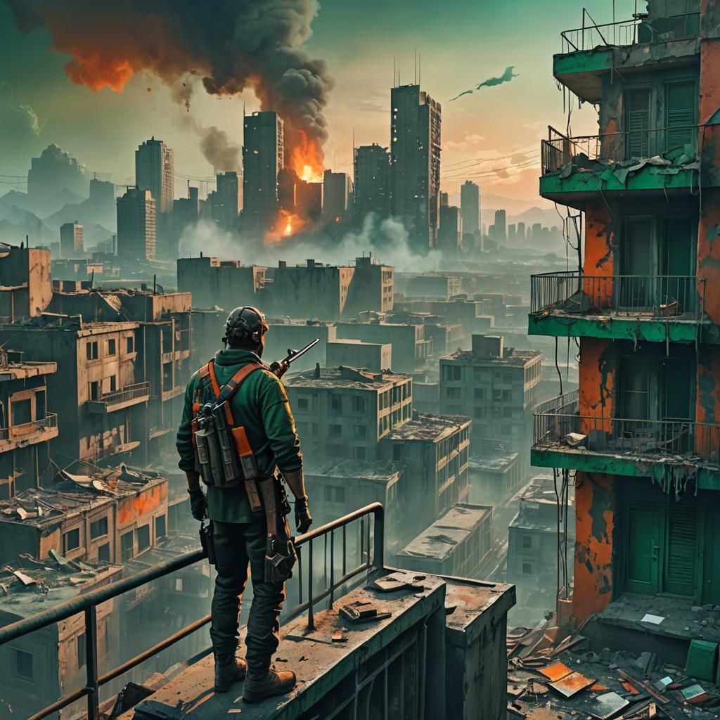 Post-Apocalyptic Man on Balcony in Digital Painting Style