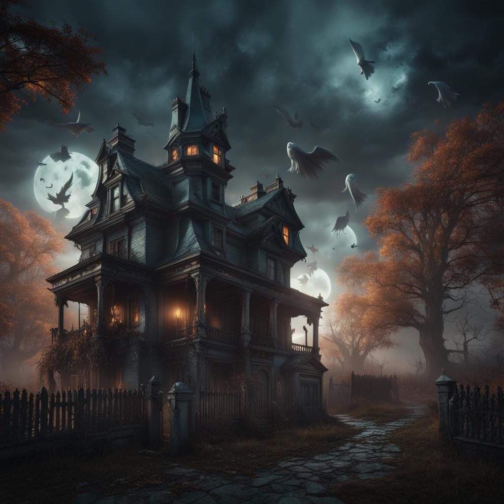 Fantasy Haunted House with Flying Ghosts