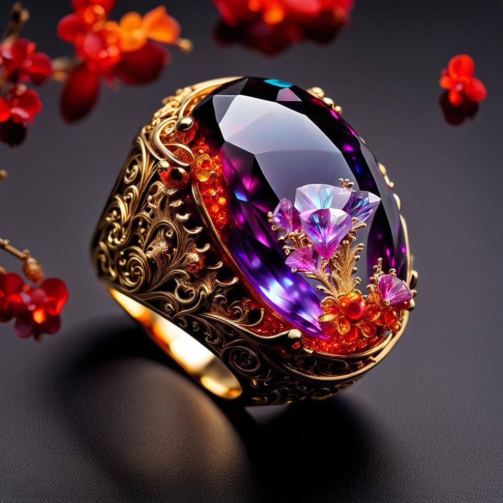 Bioluminescent Gold Ring with Crystal Fantasy Scene