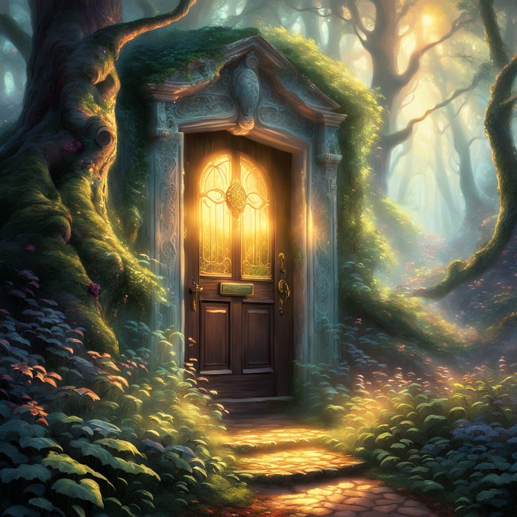 Ethereal Glowing Door in Forest, Digital Art