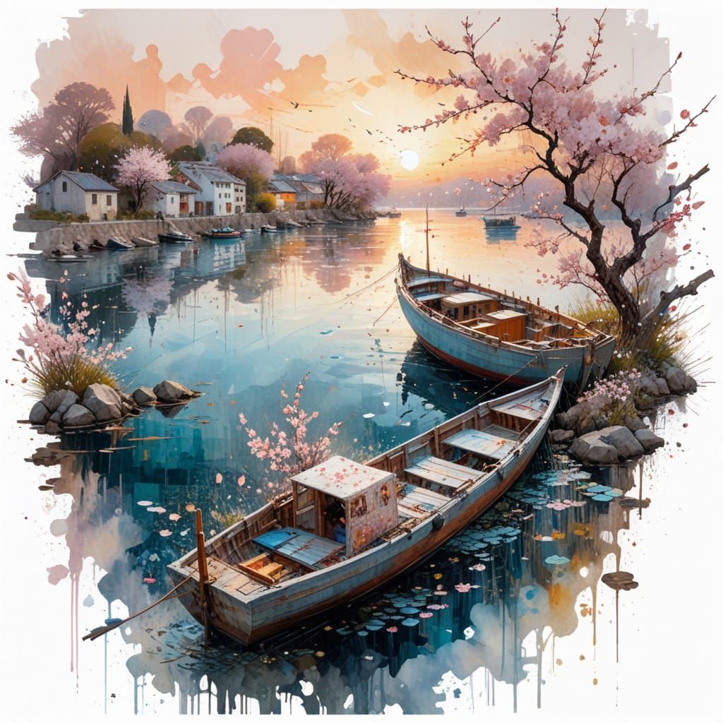 Old Boat at Harbour Docks at Sunset