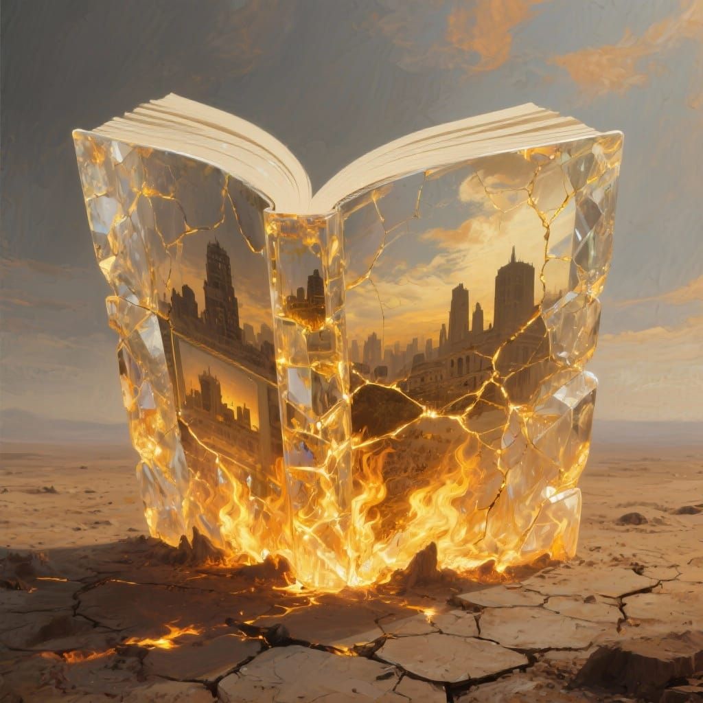 Surreal Crystallized Book on Cracked Earth