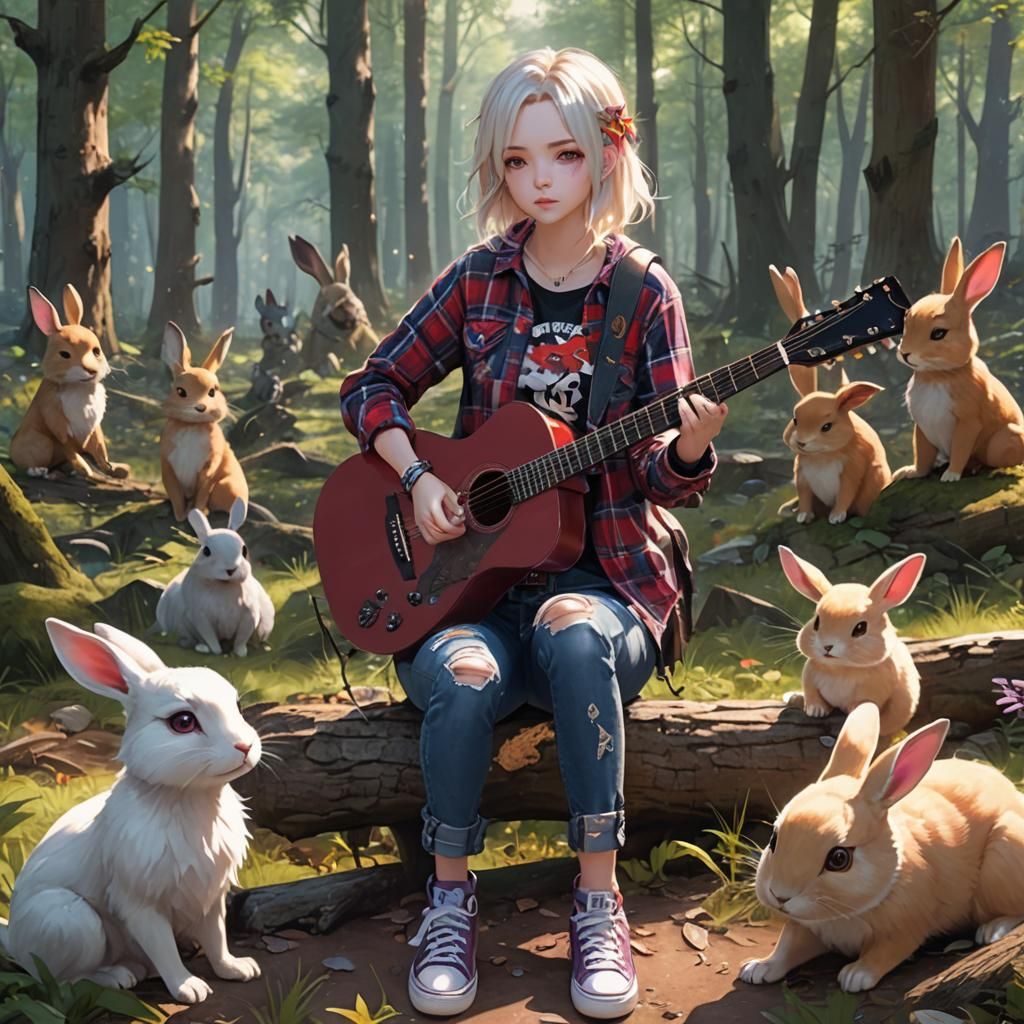Anime Woman Plays Guitar for Rabbits in Forest