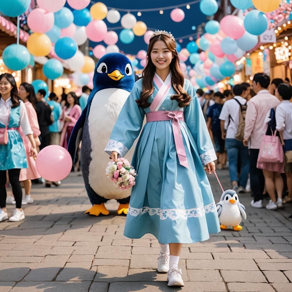Korean Woman and Penguin Mascot at Festival